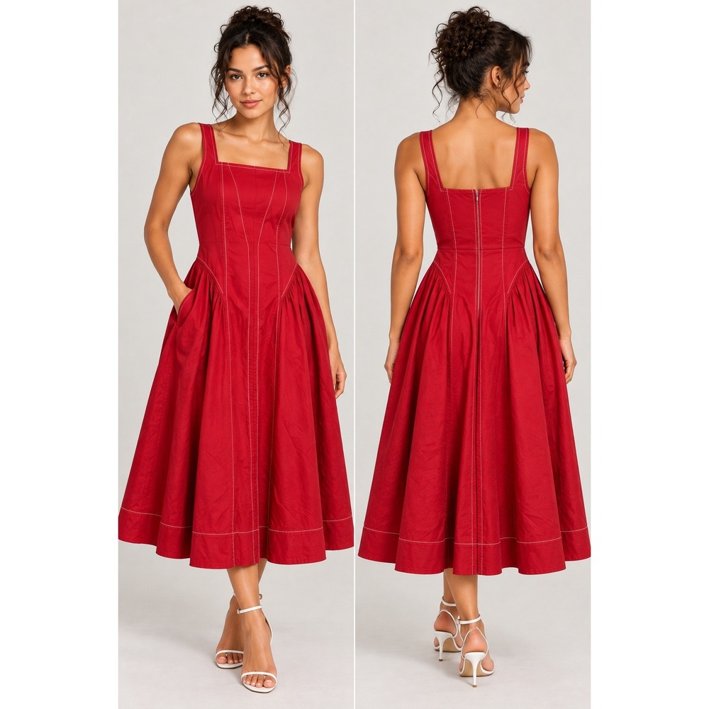 Anthropologie Red Contrast Stitch Midi Dress Fit & Flare Square Neck XSP